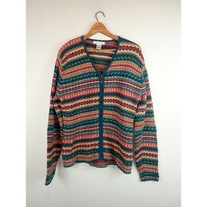 La Moda Cardigan Patterned Green Red Strip Zipper Front Size Large